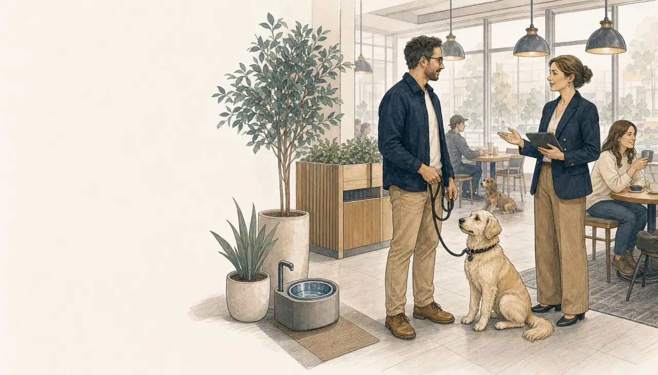 A dog-inclusive venue being reviewed with an operator, handler, and dogs