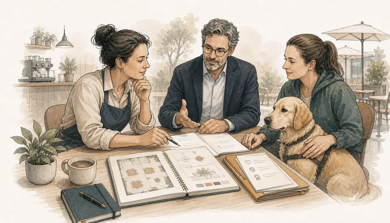 A venue operator, assessor, handler, and dog reviewing a founding certification pilot