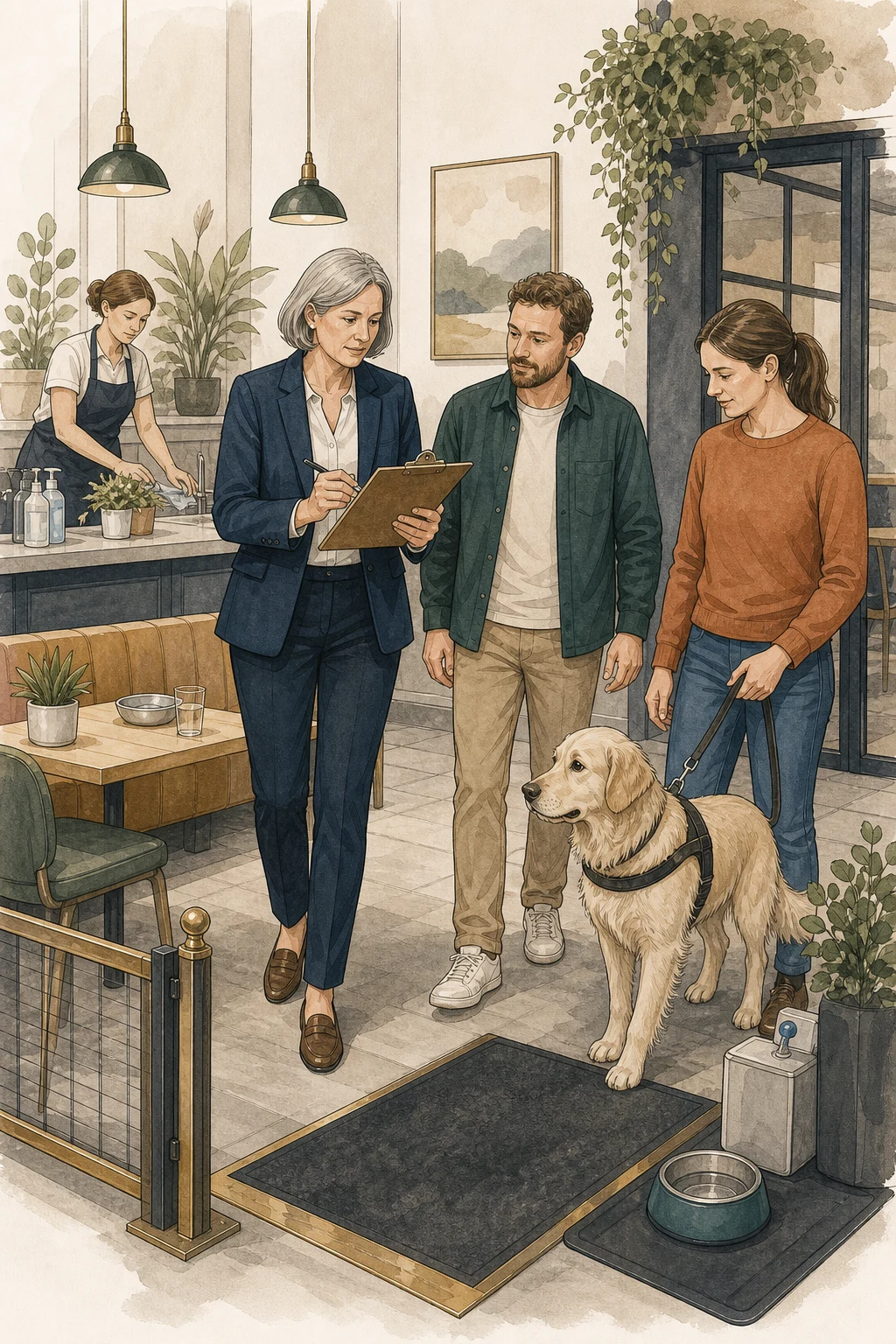 An assessor, venue operator, handler, and dog during a standards walkthrough