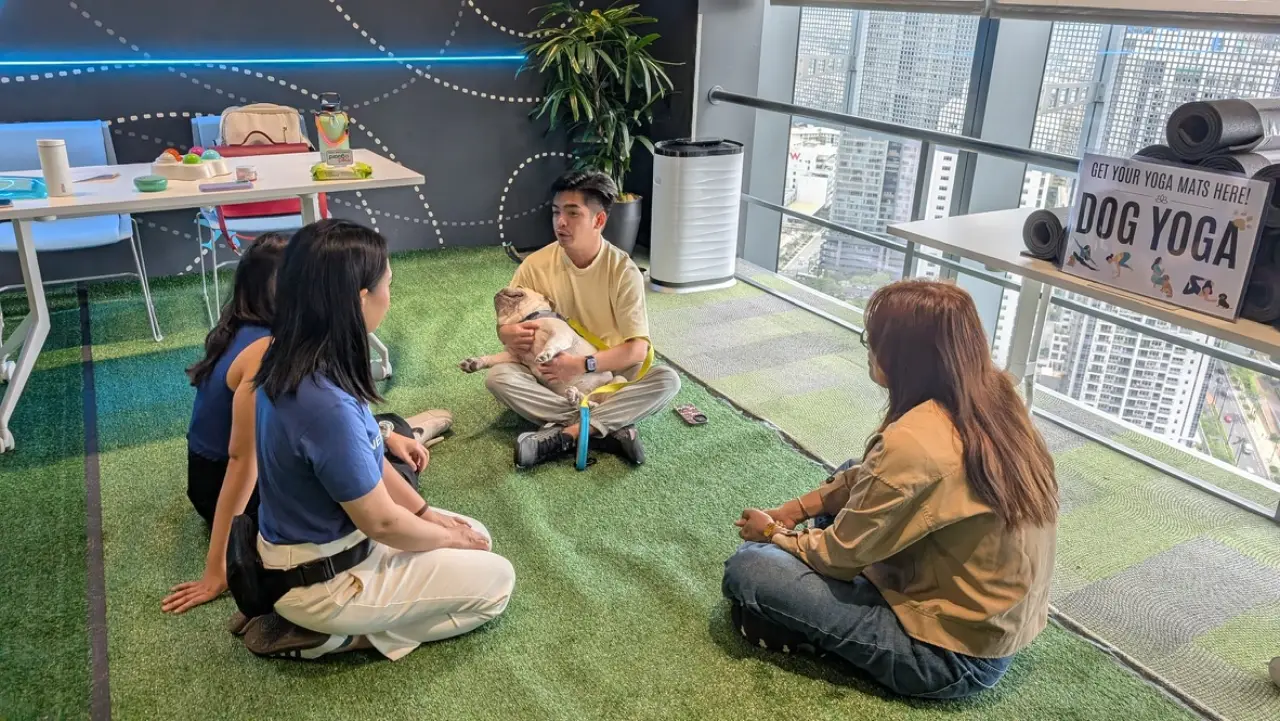 A facilitated corporate therapy dog wellness session