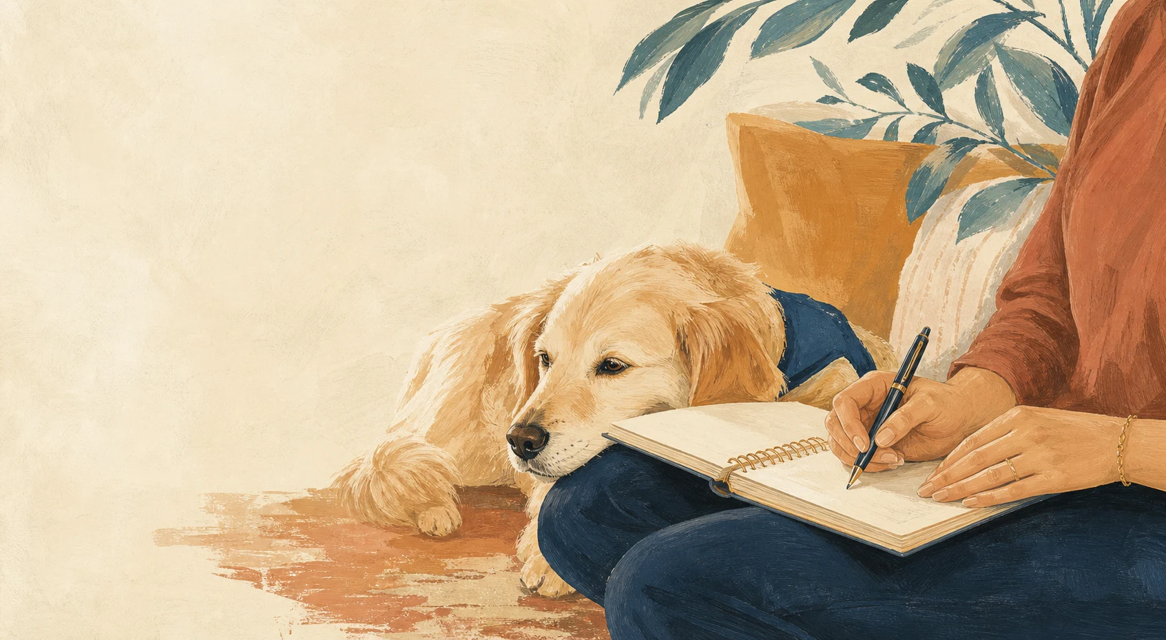 A therapy dog resting beside a person reflecting in a notebook