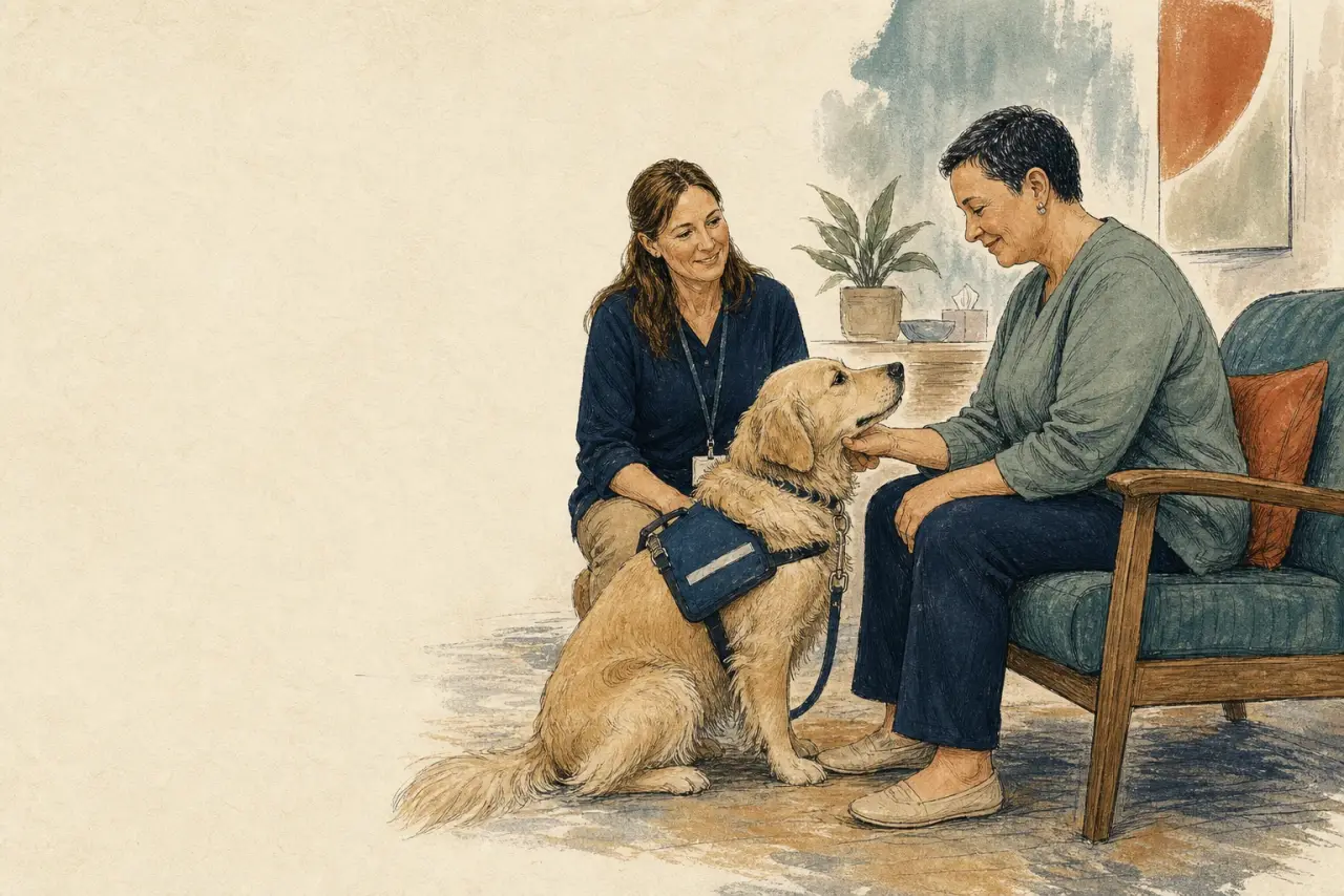 A participant meeting a therapy dog during a facilitated wellness visit